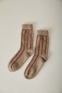 Sibling Socks: Possum Merino Socks Striped - Natural & Crimson