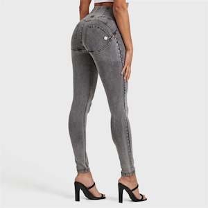Full Length Freddy Fashion And Denim Pants: WR.UP® Denim - High Waisted - Full Length - Grey + Yellow Stitching