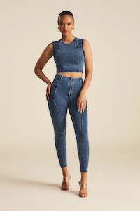 Miss Universe Australia 2021: WRUP Denim Criss Cross Detail - High Waisted - 7/8 Length - Indigo Denim + Blue Stitching
