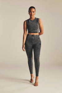 WRUP Denim Criss Cross Detail - High Waisted - 7/8 Length - Dark Grey Denim + Bl&hellip;