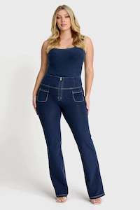 Full Length Freddy Fashion And Denim Pants: WRUP Denim with Front Pockets - Super High Waisted - Flare - Dark Blue + Beige Stitching