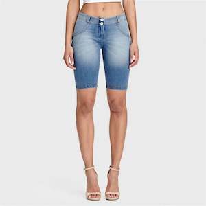 WRUP Denim - Mid Rise - Biker Shorts - Light Blue + Yellow Stitching