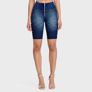 WRUP Denim - High Waisted - Biker Shorts - Dark Blue + Blue Stitching