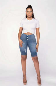 WRUP Distressed Denim - High Waisted - Biker Shorts - Light Blue + Yellow Stitching