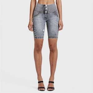 WRUP Distressed Denim - High Waisted - Biker Shorts - Grey + Yellow Stitching
