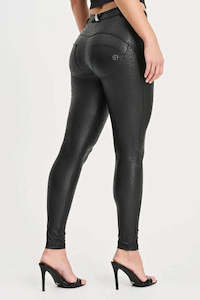 Mid Rise Faux Leather Pants: WRUP Panther Faux Leather - Mid Rise - Full Length - Black