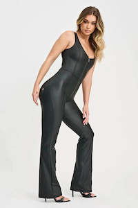 WRUP Faux Leather Jumpsuit - High Waisted - Flare - Black