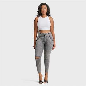 WRUP SNUG Ripped Jeans - High Waisted - 7/8 Length - Grey Stonewash + Grey Stitching