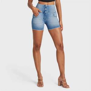WRUP SNUG Jeans - 3 Button High Waisted - Shorts - Light Blue + Blue Stitching