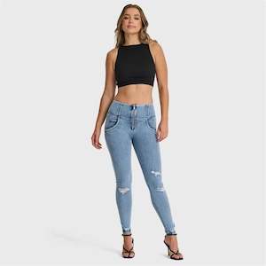 WRUP SNUG Distressed Jeans - High Waisted - Full Length - Light Blue + Blue Stitching