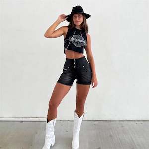 WRUP SNUG Jeans - 3 Button High Waisted - Shorts - Black + Black Stitching
