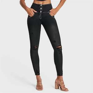 Full Length Freddy Fashion And Denim Pants: WRUP SNUG Ripped Jeans - High Waisted - Full Length - Coated Black + Black Stitching