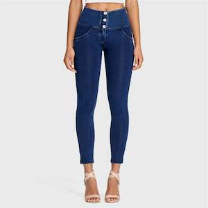 WRUP Denim - 3 Button High Waisted - 7/8 Length - Dark Blue + Blue Stitching