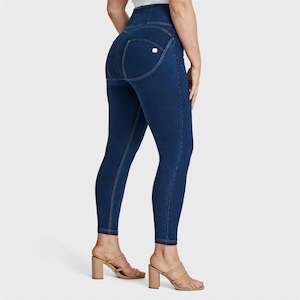 WRUP Curvy Denim - Zip High Waisted - 7/8 Length - Dark Blue + Yellow Stitching