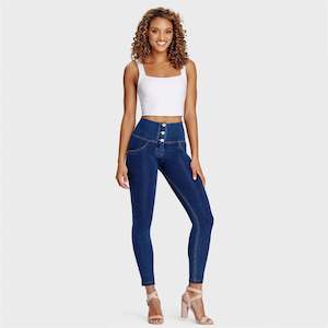 WRUP Denim - 3 Button High Waisted - 7/8 Length - Dark Blue + Yellow Stitching