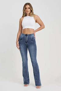 Flares: WRUP Denim with Feature Seam - High Waisted - Bell Bottom Flare - Vintage Blue + Blue Stitching