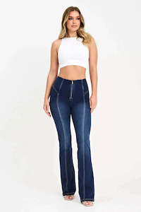 WRUP Denim with Feature Seam - High Waisted - Bell Bottom Flare - Dark Blue + Be&hellip;
