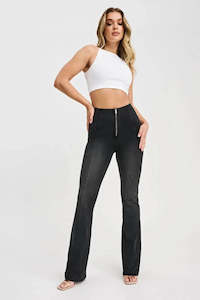 WRUP Denim with Feature Seam - High Waisted - Bell Bottom Flare - Black + Black Stitching