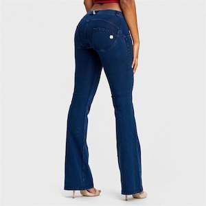 WRUP Denim - Mid Rise - Bell Bottom Flare - Dark Blue + Blue Stitching
