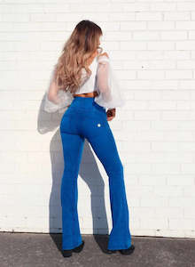 WRUP Denim With Front Pockets - Super High Waisted - Flare - Cobalt Blue + Blue Stitching