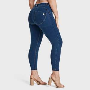 New Year Sale: WRUP Curvy Denim - High Waisted - 7/8 Length - Dark Blue + Yellow Stitching