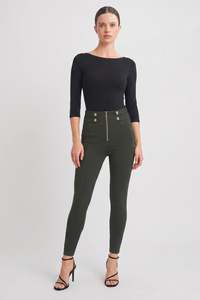 Full Price Items 1: WRUP Military Button Detail Fashion - High Waisted - 7/8 Length - Army Green