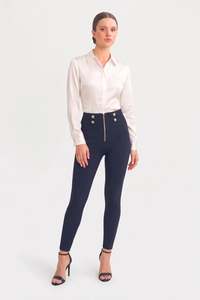 WRUP Military Button Detail Fashion - High Waisted - 7/8 Length - Deep Blue
