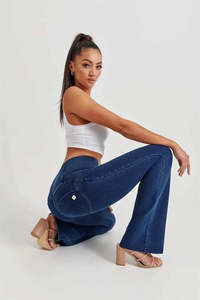 WRUP Denim - High Waisted - Bell Bottom Flare - Dark Blue + Blue Stitching