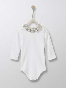 Liberty Collection: Cyrillus Paris | Bodysuit with Frill Collar | 100% Cotton | White + Liberty floral collar | 3M