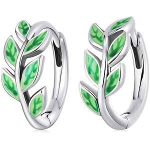 Huggies And Hoops: 925 Sterling Silver Hoop Green Leaf Earrings "Beryl"