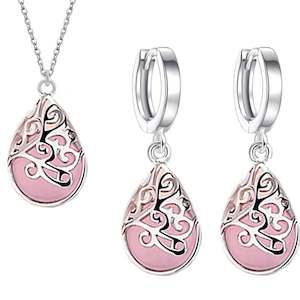 Jewellery Set: Silver Pear Shape Cat's Eye Jewellery Set "Trinity" (Pink)