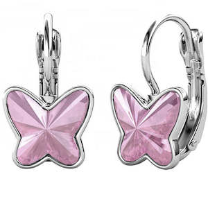 Lever Back: 18K White Gold Crystal Butterfly Earrings "Vanessa" (Pink)
