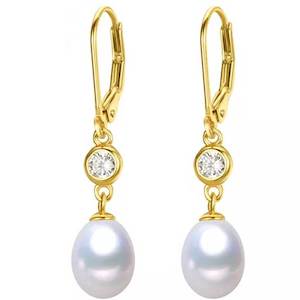 Lever Back: 18K Gold Drop Crystal and Pearl Earrings "Cheryl"