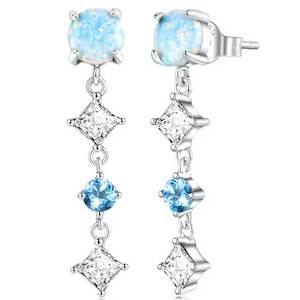 Silver Drop CZ Diamond and Opal Earrings "Sophia" (Blue)