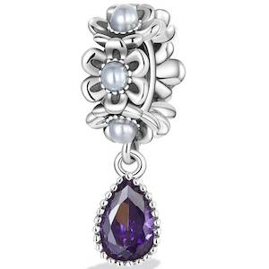 Pearls: Silver Pearl and Purple Teardrop Crystal Charm