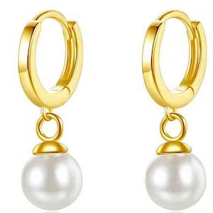 14K Gold Huggie Pearl Earrings "Dalton" (white)