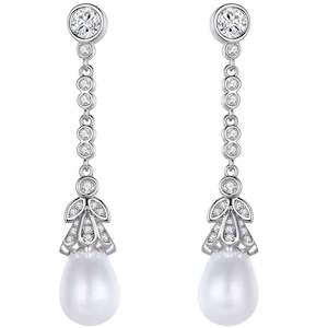 Pearls: Silver Crystal Chain Drop Pearl Earrings "Whitney"