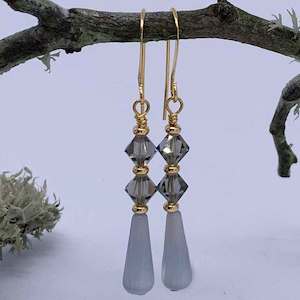 Frenelle Design: 18K Gold Crystal and Cat's Eye Teardrop Earrings "Candice" (Grey)