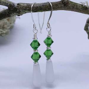 Frenelle Design: 925 Sterling Silver Crystal and Cat's Eye Teardrop Earrings "Candice" (Green)