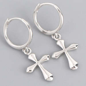 Religious: 925 Sterling Silver Huggie Cross Earrings "Mary"