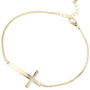 Religious: 18K Gold Bracelet Chain Cross over 925 Sterling Silver "Faith"
