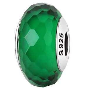 Green: 925 Sterling Silver Facetted Glass Charm Bead (Dark Green)