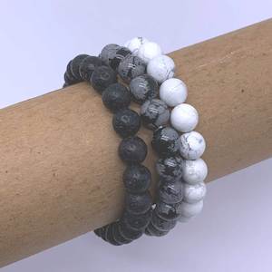 Grey: Stretch Bracelet with 8mm round gemstones "Mala" (Black to White - set of 3)