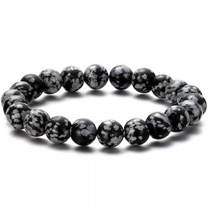 Stretch Bracelet with 8mm round gemstones "Mala" (Snowflake Obsidian)