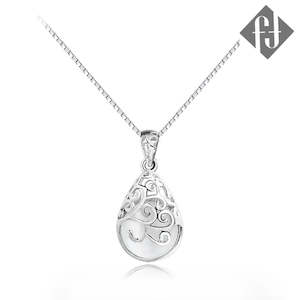 White: 925 Sterling silver necklace with pear shape cat eye stone "Trinity" (White)
