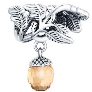 Yellow Peach Orange: 925 Sterling Silver Oak Leaf Charm with Crystal Oak