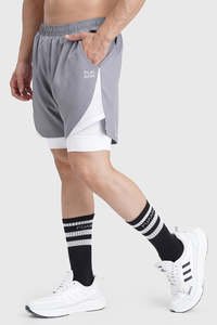 Running Collection: 2 in 1 Mesh Shorts Foggy Grey With White