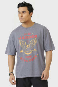 Gym Tshirts For Men: Push Harder Washed Oversized T-shirt Light Grey