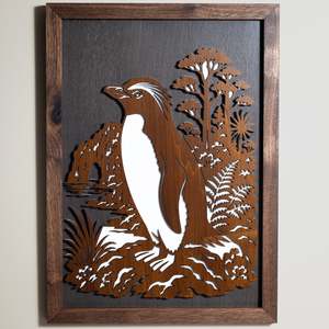 Wall Art: Fiordland Crested Penguin / Tawaki – A3 Signature Wall Art (Oak or Walnut)