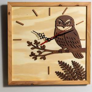 Clocks: NZ Morepork Layered Timber Wall Clock (315×315mm)